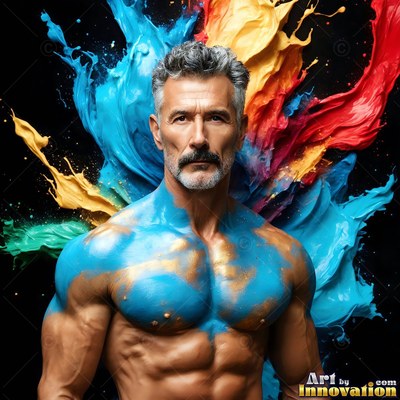 Facing forward in a dark studio, a man stands splashed with blue and red paint