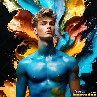 A shirtless man painted blue stands before thick splashes of yellow paint
