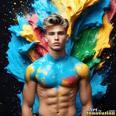 In a dark studio, a shirtless man stands before splashes of blue and yellow paint