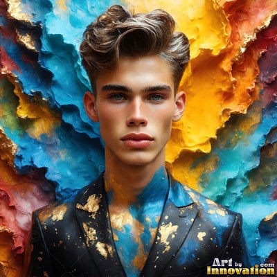 Facing forward, a young man wears a dark jacket flecked with gold paint before a textured wall