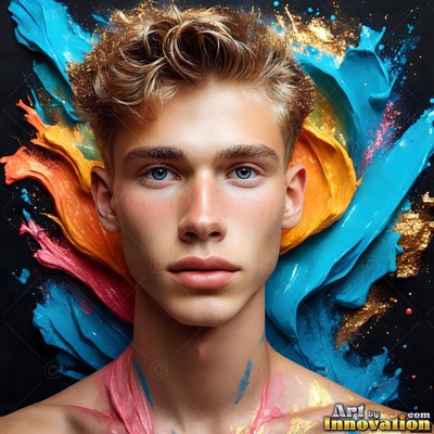 Young man framed by splashes of blue and orange paint