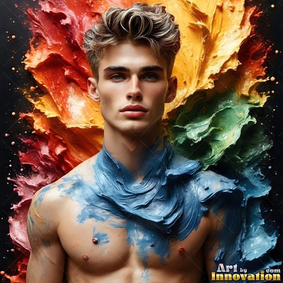 Blue paint smeared over his neck, a bare-chested man poses before splashy colors