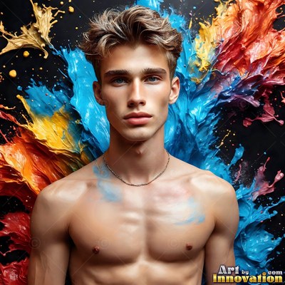 A bare-chested young man stands still while thick blue and orange paint splashes behind him