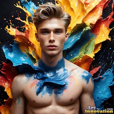A shirtless man stands as blue and yellow paint splashes around his neck