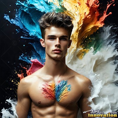 In a dark studio, a shirtless man stands before splashes of blue and yellow paint