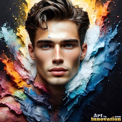 Facing forward, a blue-eyed man rises from splashes of thick blue and orange paint