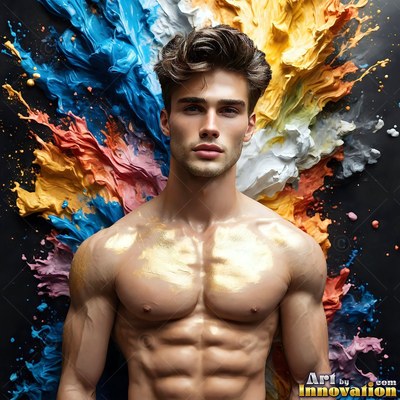Man with gold body paint against blue and yellow splashes