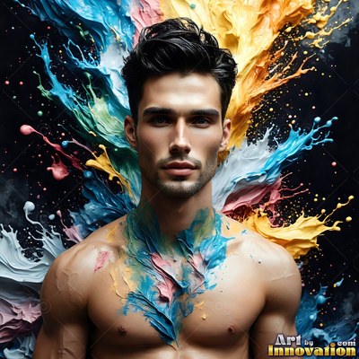 A shirtless man with blue paint on his chest stands before splashes of yellow paint against a black studio wall