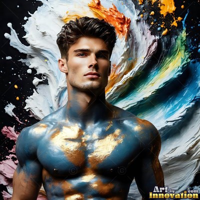 A man covered in blue and gold paint turns his head before swirls of white
