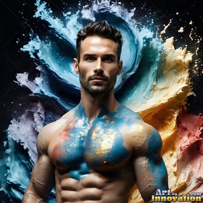 Facing forward, a shirtless man stands in a dark studio before splashing blue paint