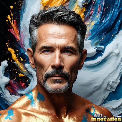 Against blue and white paint, a man with gray hair looks forward with gold skin