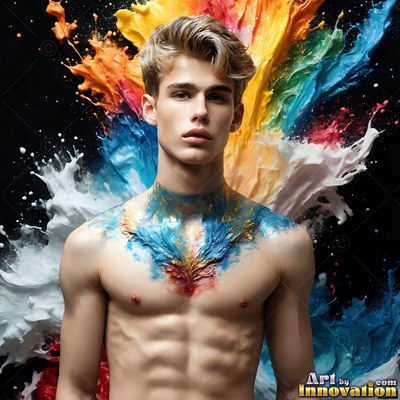Facing forward, a shirtless young man stands as colorful paint splashes behind him