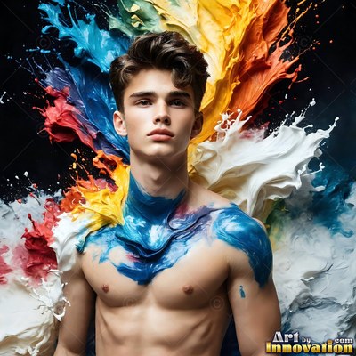 Shirtless young man splashed with blue and white paint