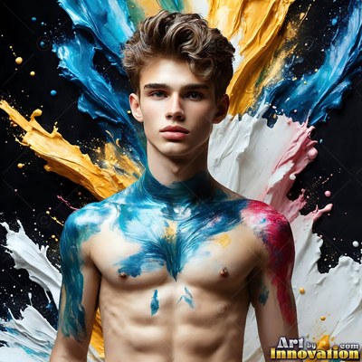 Blue paint smeared on the chest of a shirtless man posing before thick color splashes on black