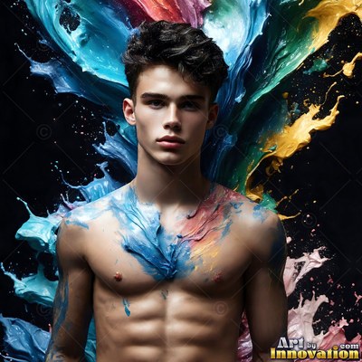 A shirtless man stands as thick blue and yellow paint splashes around his shoulders