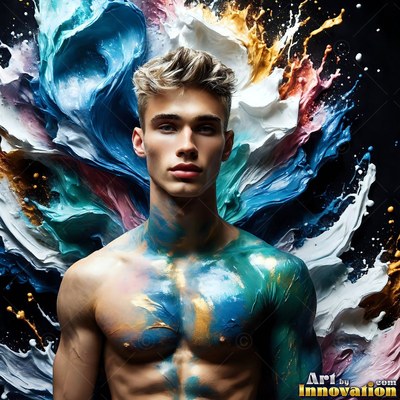 Facing forward in a dark studio, a shirtless man covered in blue paint splash splashes