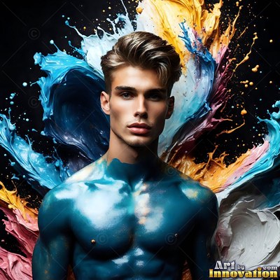 A man covered in wet blue paint with splashes behind his head