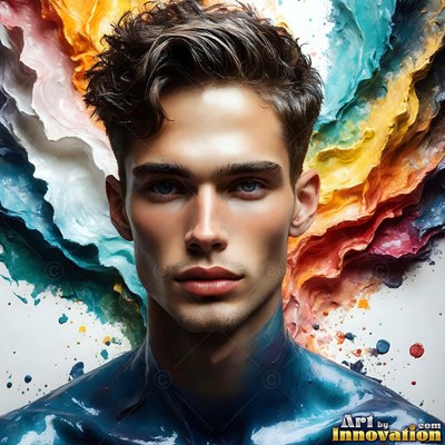 Against a white backdrop, a young man poses with blue paint spread across his chest