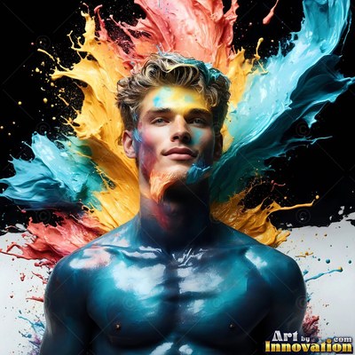 Posing shirtless, a man is covered in blue paint as colorful liquid splashes behind him
