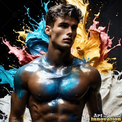 A shirtless man with blue paint on his chest before yellow splashes