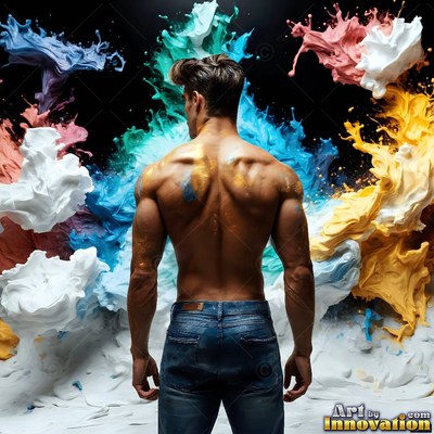 Blue jeans on a shirtless muscular man facing away before splashes of blue, white, and yellow paint