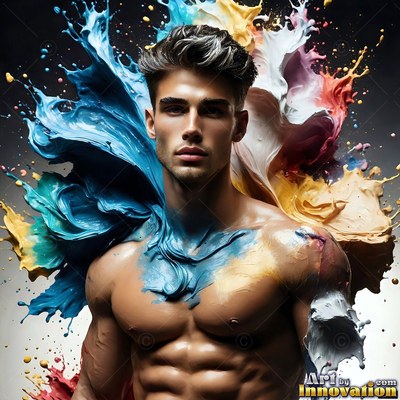 A muscular man poses as blue and cream paint splashes around his shoulders