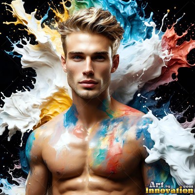 Facing forward in a dark studio, a shirtless man is surrounded by splashing paint