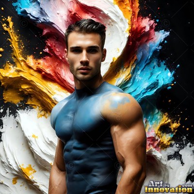 A muscular man painted in blue stands before splashes of colorful paint