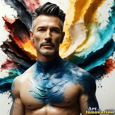 Looking forward, a shirtless man has blue paint on his chest before thick splashes