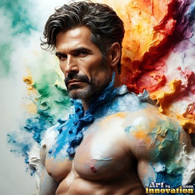 Man covered in thick blue and orange paint smeared on his chest