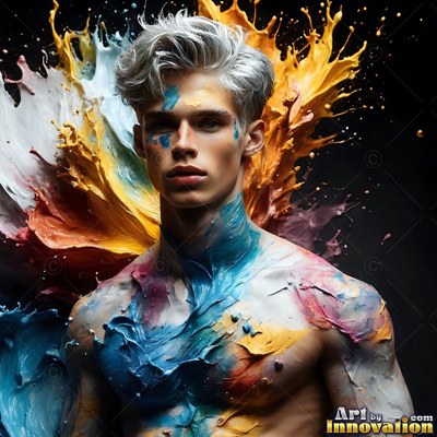 A young man stands facing forward as thick blue and yellow paint splashes around him