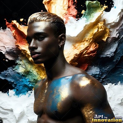 Turned sideways in a dark room, a shirtless man dusted in gold paint