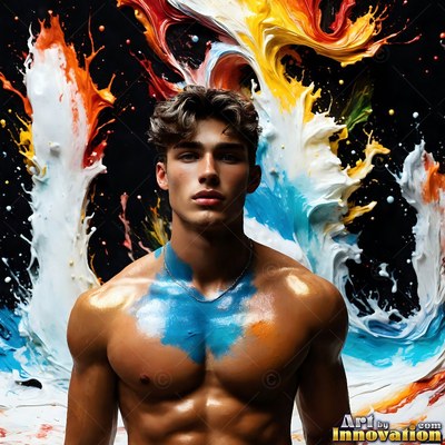 A shirtless man with blue paint on his chest stands before colorful splashes