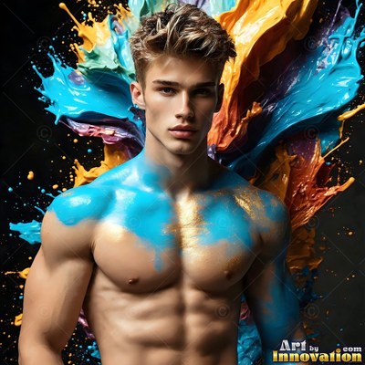 In a dark studio, a shirtless man stands before splashes of blue and orange paint