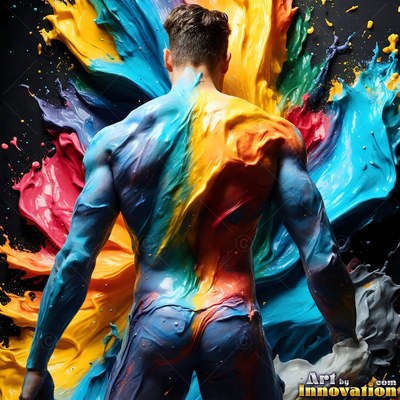 A man seen from behind covered in splashes of thick paint