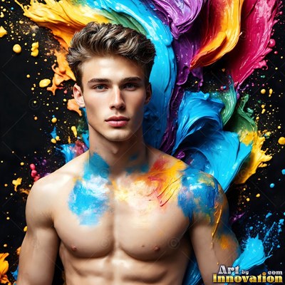 Smears of blue and yellow paint on his bare chest, a man stands against a dark studio background