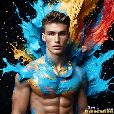 A shirtless man stands as thick blue and yellow paint splashes around his chest