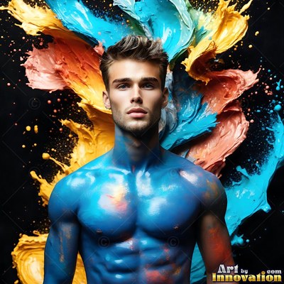 Facing forward in a studio, a shirtless man covered in blue paint with colorful splashes
