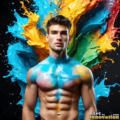 A shirtless man stands as blue and yellow paint splashes behind him
