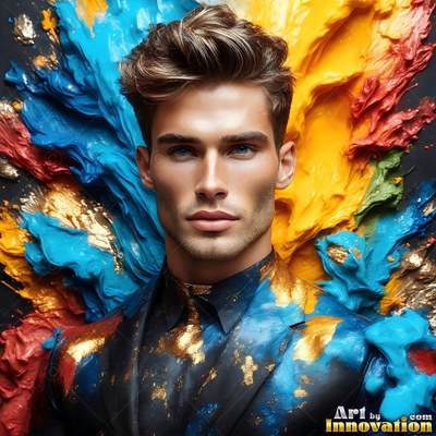 Before thick blue and yellow splashes, a man stands in a painted suit