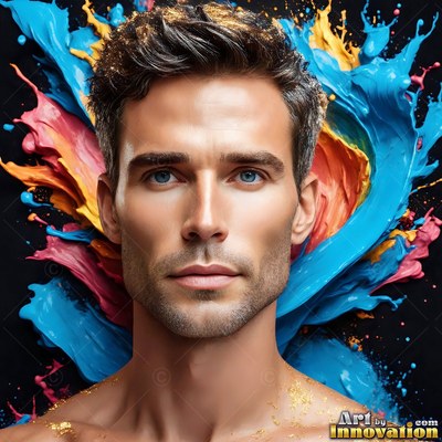 Looking forward, a shirtless man is framed by splashes of blue and orange paint