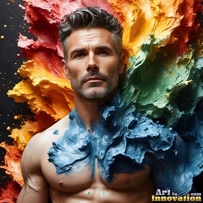 A shirtless man covered in thick blue and orange paint splashes