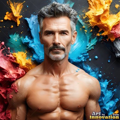 A bare-chested man with gray hair poses in front of splashes of blue and yellow paint