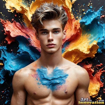 A shirtless man stands still while thick yellow and blue paint splashes behind him