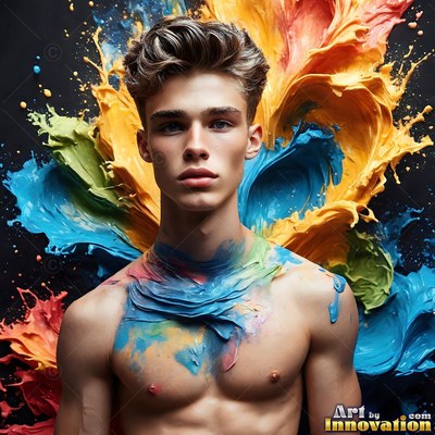 Facing forward in a dark studio, a shirtless man is splashed with blue paint