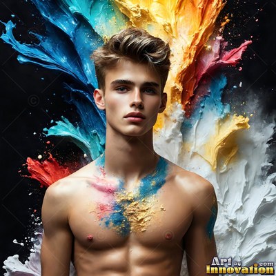 A shirtless young man stands against splashes of blue and yellow paint