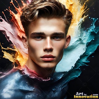 In a dark studio, a young man is framed by splashes of blue and yellow paint