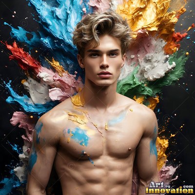 Standing shirtless, a blond man poses before splashes of thick blue and yellow paint