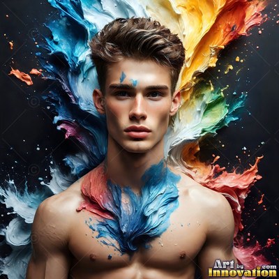 A shirtless young man surrounded by splashes of blue and yellow paint