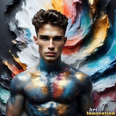 Gold and blue paint covers a shirtless man standing before thick swirls of colorful paste